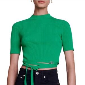 NWT Maje Moseanne Green Rib Knit Tie-Waist Crop Short-Sleeve Sweater